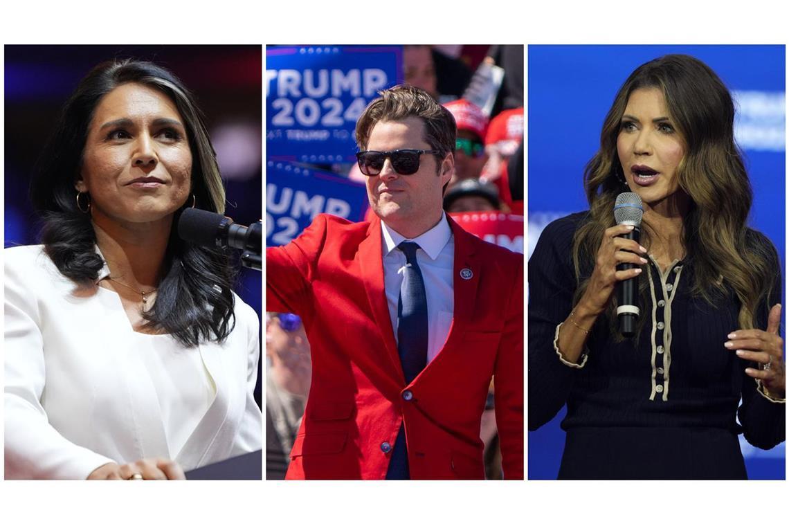 Sie sollen künftig über die Geschicke der USA bestimmen (von links): Tulsi Gabbard, Matt Gaetz und Kristi Noem