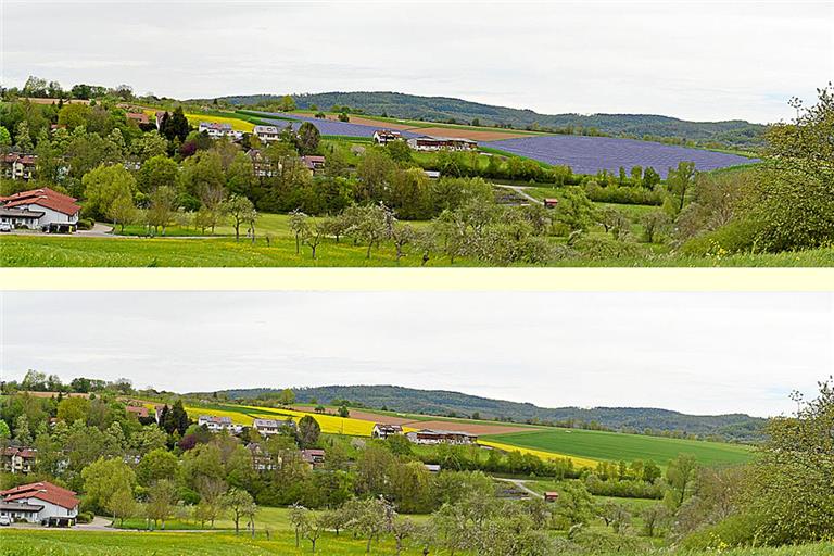 So könnte der Solarpark in den Hutzelgärten einmal aussehen. Montage: Juwi AG 