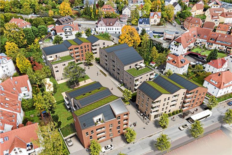 So soll die neue Wohnanlage an der Schöntaler Straße einmal aussehen: Vier größere Gebäude gruppieren sich um einen autofreien Innenhof. Visualisierung: Aspa Immobilien GmbH