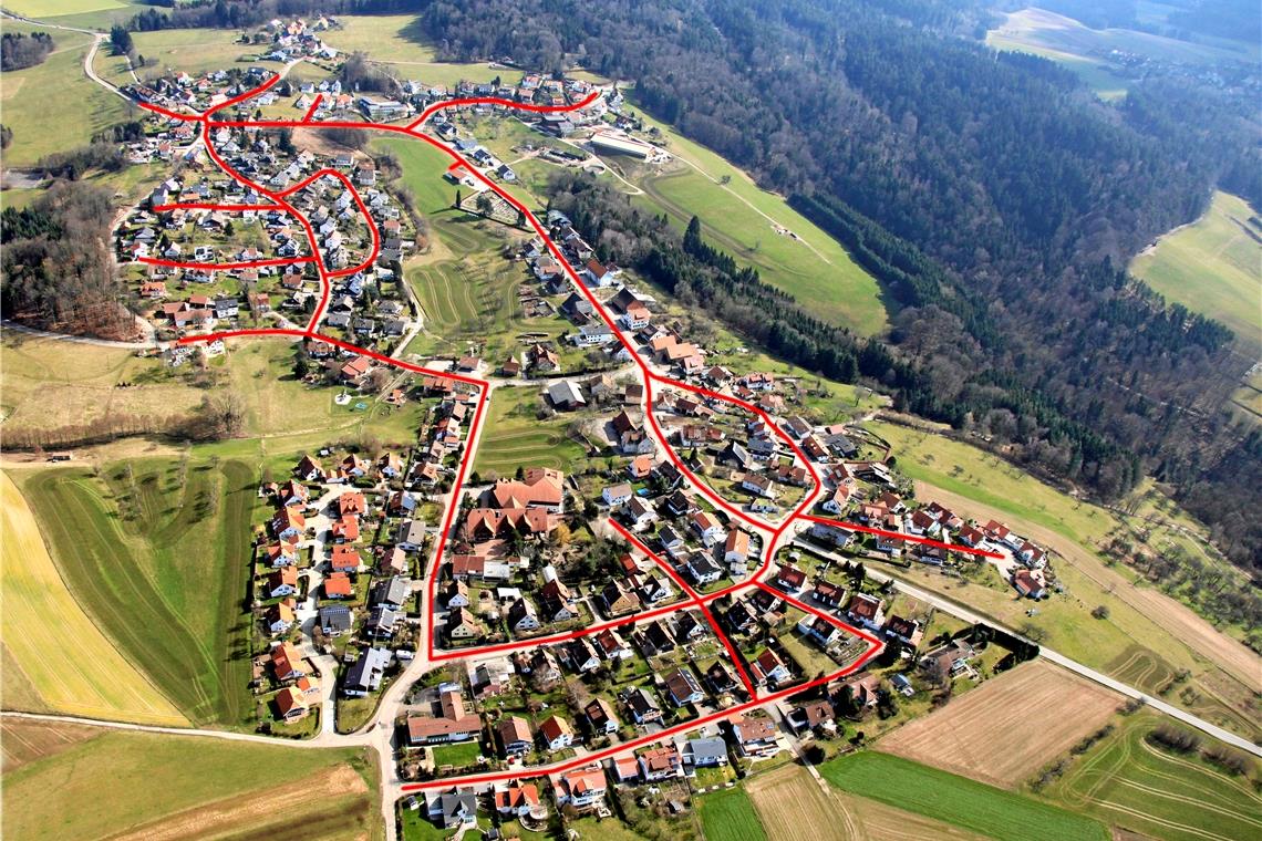 So würde das Wärmeleitungsnetz (rote Linien) in Sechselberg bei einer Anschlussquote von 70 Prozent aussehen. Archivfoto: Florian Muhl