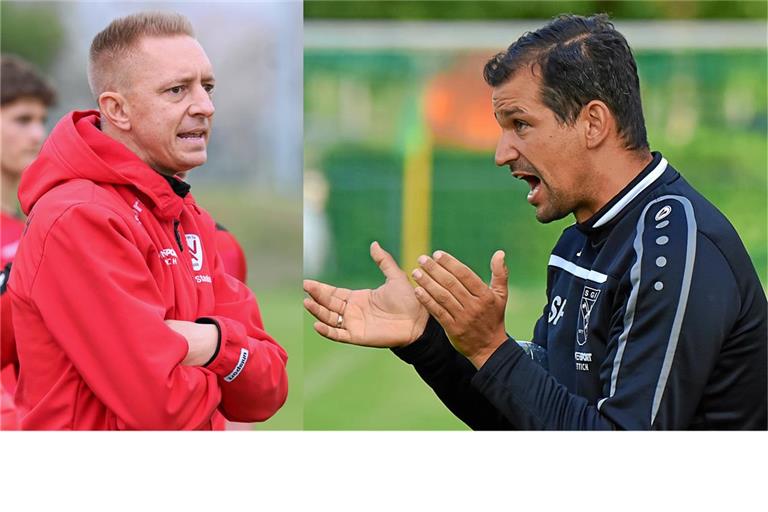 SVA-Trainer Johannes Stanke (links) bekommt es am Sonntag mit der SG Oppenweiler-Strümpfelbach und dessen Coach Stephen Perri (rechts) zu tun. Fotos: Alexander Becher/Tobias Sellmaier