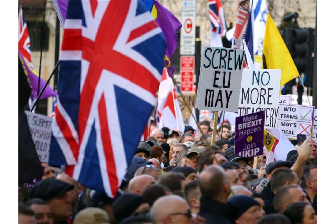 Teilnehmer der „Brexit Betrayal Rallye“, einer Pro-Brexit-Demonstration, halten Fahnen und Schilder. Foto: Gareth Fuller/PA Wire
