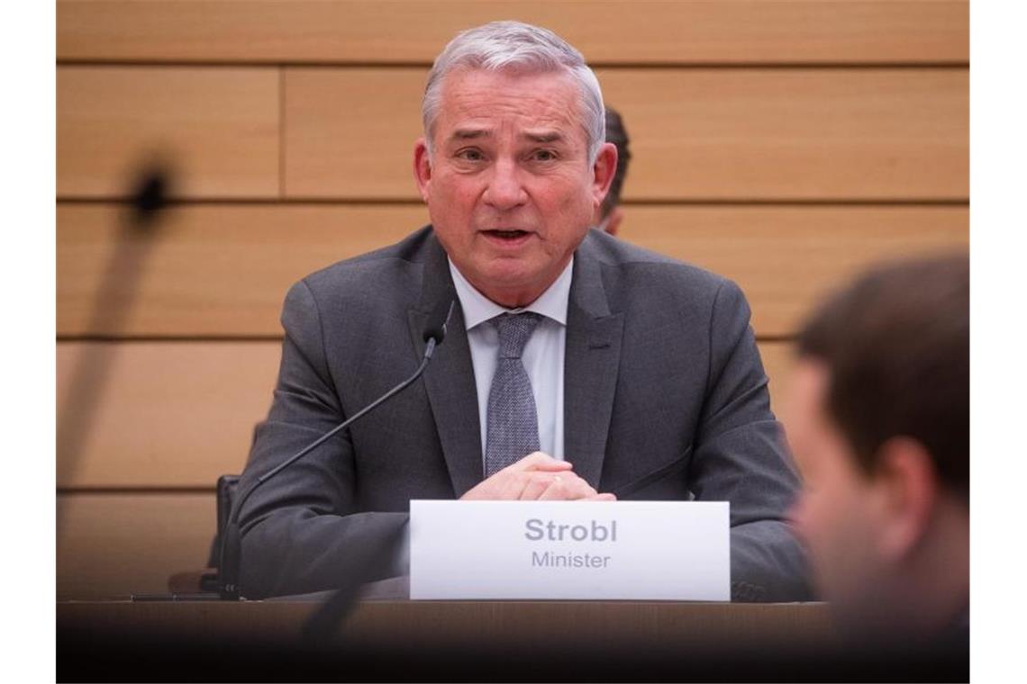 Thomas Strobl spricht bei einer öffentlichen Sitzung. Foto: Christoph Schmidt/dpa/Bildarchiv