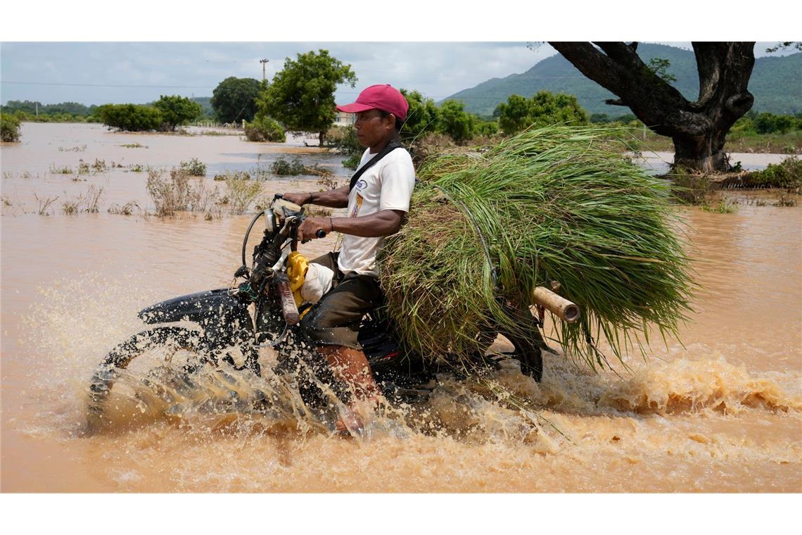 Überschwemmung in Myanmar: Der Alltag muss trotzdem weitergehen. Ein Anwohner fährt mit seinem Motorrad auf einer überfluteten Straße.