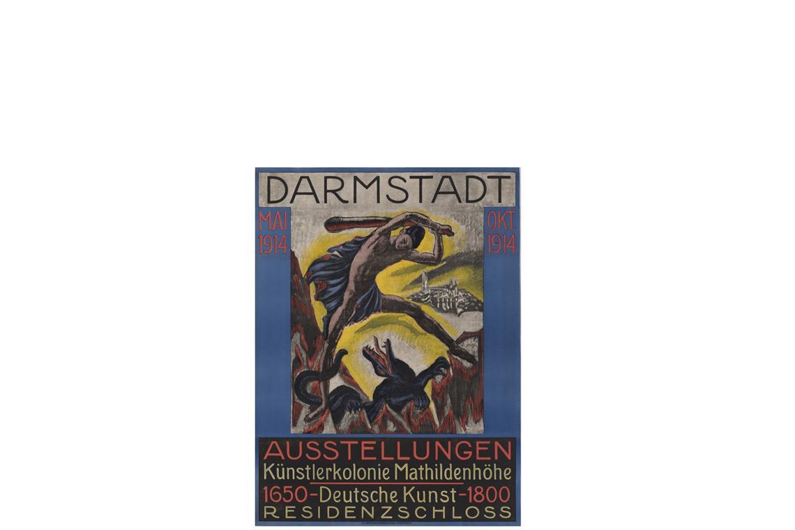 Und so sahen Plakate zehn Jahre später aus: Hof- und Buchdruckerei Heinrich Hohmann, Darmstadt, Ausstellungsplakat der Künstlerkolonie Darmstadt, 1914, Plakat von Berhard Hoetger.