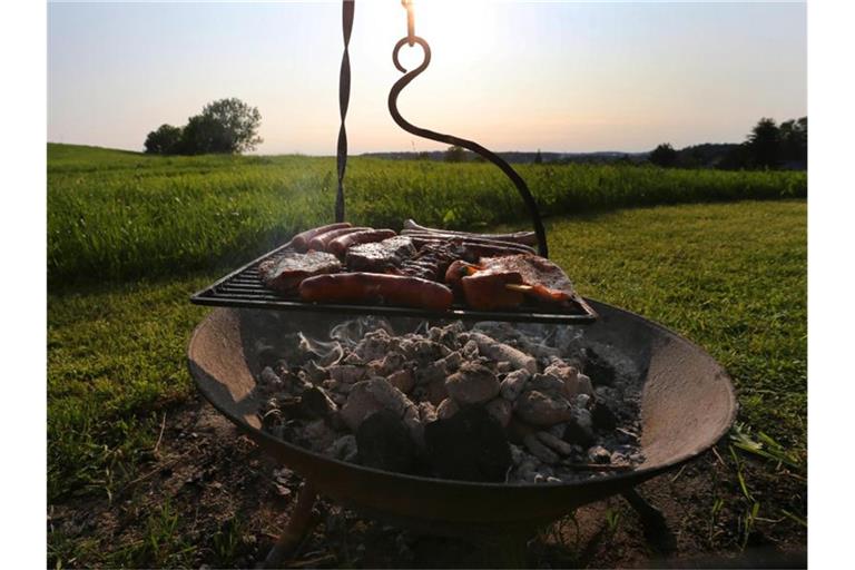 Verschiedene Fleischsorten werden über einer mit Holzkohle gefüllten Feuerschale gegrillt. Foto: Karl-Josef Hildenbrand/dpa/Symbolbild
