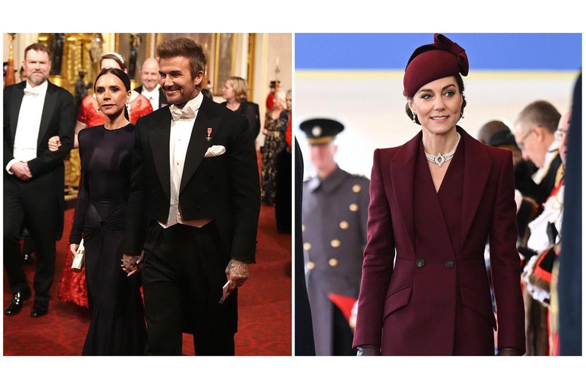 Victoria und David Beckham (auf dem linken Bild) waren beim Staatsbankett im Buckingham Palace, Prinzessin Kate ließ den Abendtermin ausfallen.