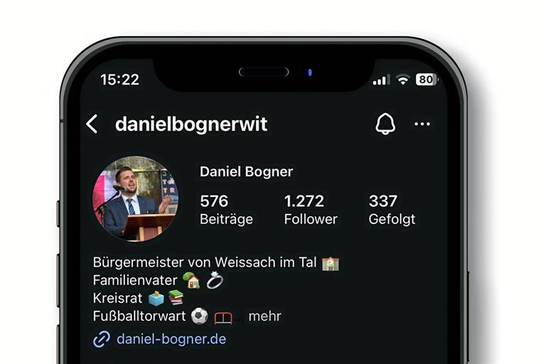 Social Media: Falsche Bürgermeister geben Finanztipps Viele Bürgermeister nutzen soziale Netzwerke, um über ihre Arbeit zu berichten. Unser Foto zeigt das echte Instagram-Profil von Daniel Bogner aus Weissach im Tal. Foto: Adobe Stock/Aozora