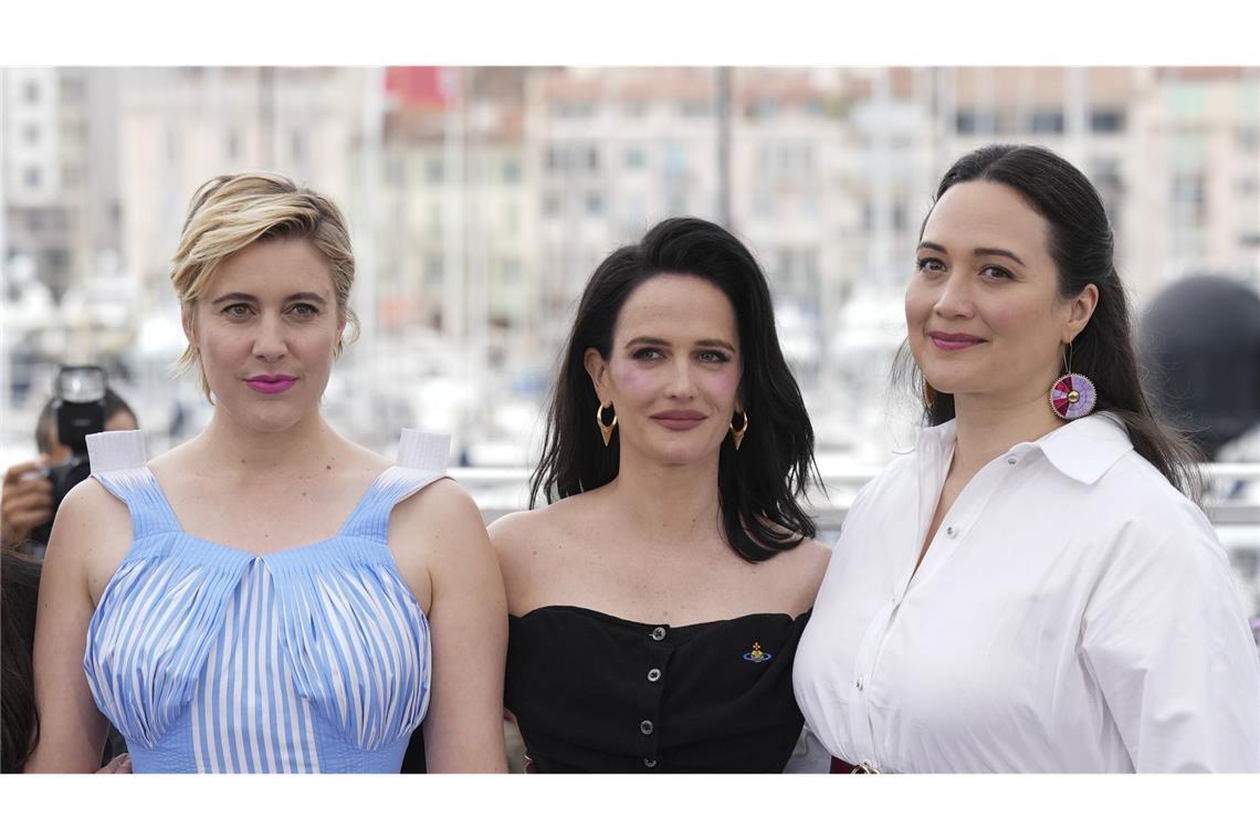 Von links: Greta Gerwig, Jurypräsidentin und Regisseurin aus den USA, Eva Green, Jurymitglied und Schauspielerin aus Frankreich, und Lily Gladstone, Jurymitglied und Schauspielerin aus den USA