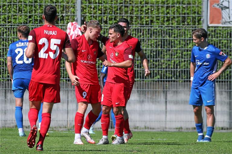 Von Niklas Pollex und den Mitspielern nach seiner Einzelleistung und dem Führungstor in der 33. Minute gefeiert: Nico Engel. Foto: Herbert Rudel