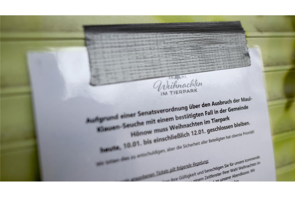 Vorsorglich bleiben der Tierpark und der Zoo in Berlin wegen des Ausbruchs der Maul- und Klauenseuche im benachbarten Brandenburg geschlossen.