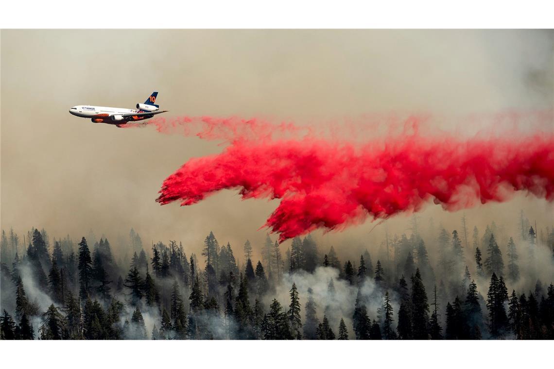 Waldbrände in Kalifornien: ein Löschflugzeug wirft zur Brandbekämpfung ein spezielles rot gefärbtes Löschmittel ab.