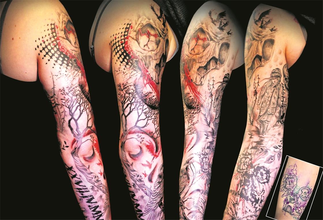 Stich für Stich zum Traumjob Waren die Motive zu Beginn ihrer Ausbildung noch eher einfach und schlicht, sticht Nadine Röhrle mittlerweile immer detailliertere Tattoos und macht auch viele Cover-ups, überarbeitet also bereits gestochene Tätowierungen. Fotos: privat (3)/S. Latzel (1)/S. Schwellinger (1)