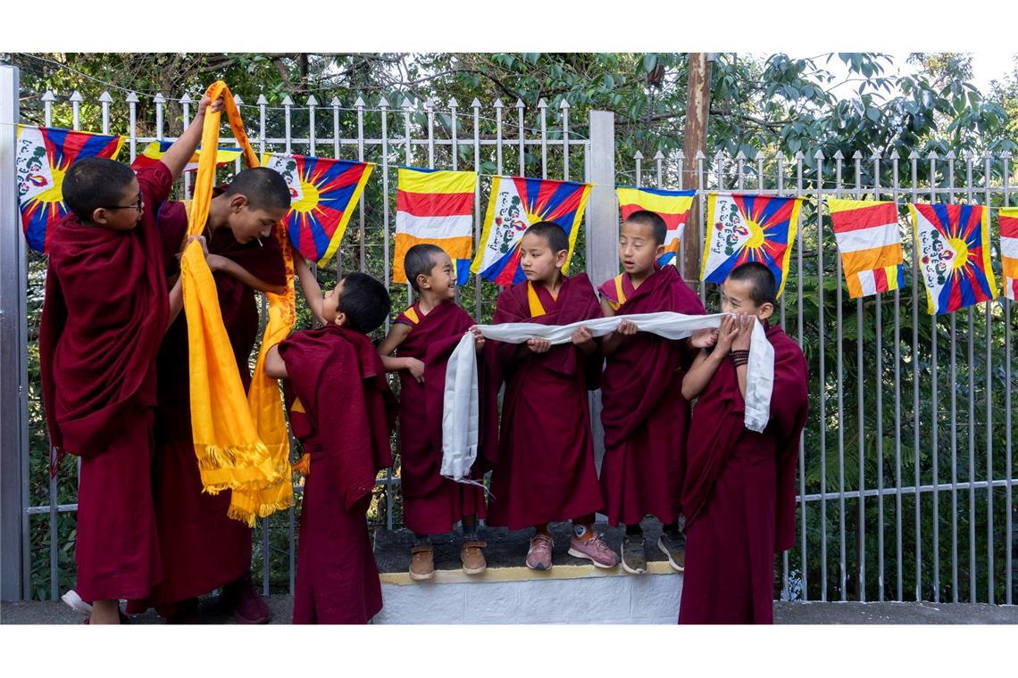 Warten auf den Dalai Lama: Junge, buddhistische Mönche warten darauf, ihr geistliches Oberhaupt, den Dalai Lama, in der indischen Stadt Dharamsala zu begrüßen.