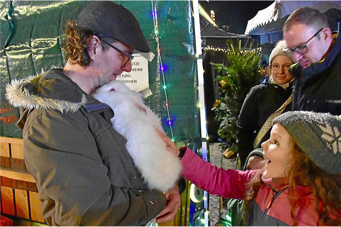 Weihnachtsmarkt Großaspach: Weiße Angorahasen mit weichem, flauschigem Fell dürf...