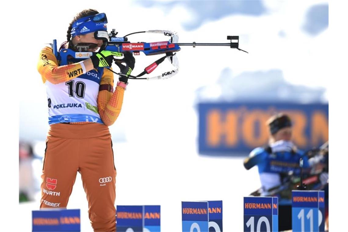 Das bringt der Wintersport am Sonntag Will sich beim abschließenden Massenstart in Östersund noch einen Podestplatz im Gesamtweltcup sichern: Franziska Preuß. Foto: Sven Hoppe/dpa
