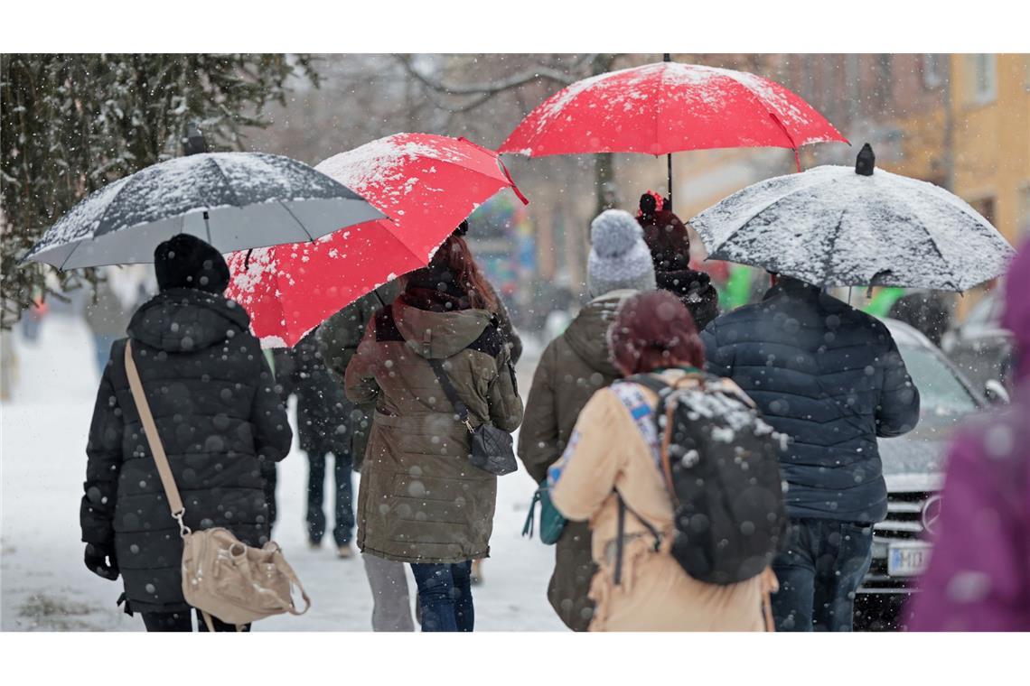 Winterwetter in Thale - Besucher gehen bei dem Faschingsumzug von dem Thalenser Carneval Club e.V. durch den Schnee.