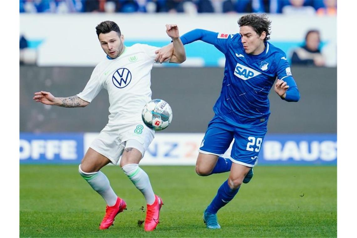 Elfmeter und Weghorst-Tore: Wolfsburg siegt in Hoffenheim Wolfsburgs Renato Steffen und Hoffenheims Robert Skov (l-r.) bemühen sich um den Ball. Foto: Uwe Anspach/dpa