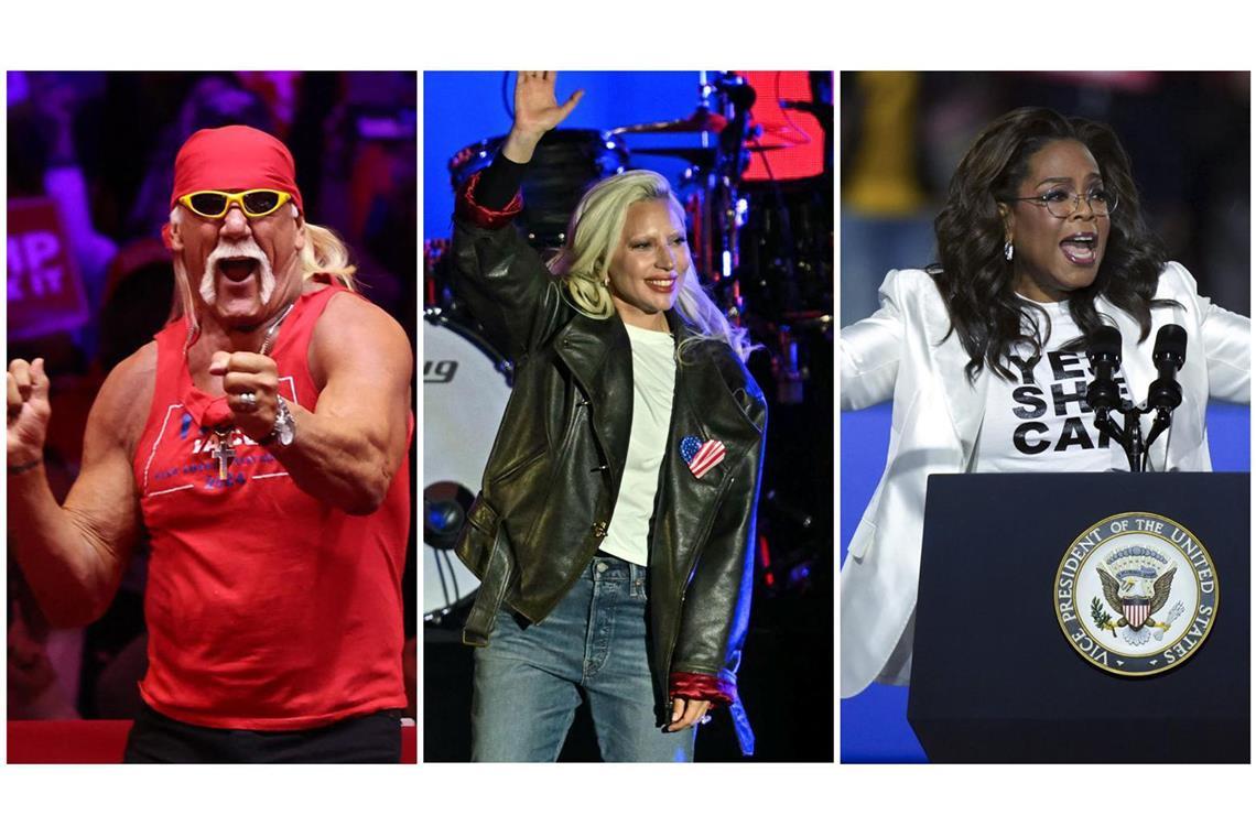 Wrestling-Senior Hulk Hogan wirbt für Donald Trump, die Sängerin Lady Gaga und die Talkshowlegende Oprah Winfrey (rechts) unterstützen Kamala Harris.