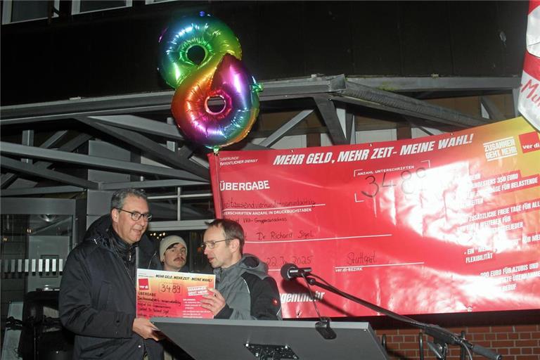 Zum Auftakt der Tarifrunde im Januar überreichte Personalrat Thomas Hild 3489 Unterschriften an Landrat Richard Sigel (links). Ein Luftballon in Form einer Acht symbolisierte die Forderung nach acht Prozent mehr Lohn und Gehalt. Foto: Verdi Bezirk Stuttgart