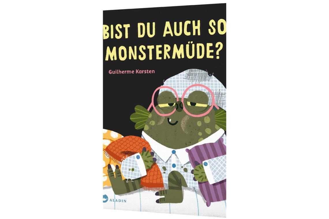 Zum Spaß haben – Guilherme Karsten: Bist du auch so monstermüde? Aladin. 44 Seiten. 15 Euro. Ein knuffiges grünes Monster hält uns Leser für einen Monster-Kumpel. Keinesfalls will es auf dem Bett schlafen, sondern darunter.  Ein höchst vergnügliches Buch, das Text-Elemente und ausdrucksstarke Bilder in eine feine Symbiose­ bringt! (hoc)