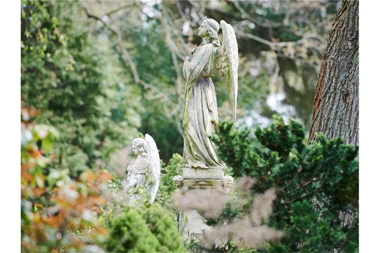 Zwei Engel stehen als Grabzierde auf einem Friedhof. Foto: Annette Riedl/dpa-Zentralbild/dpa/Symbolbild